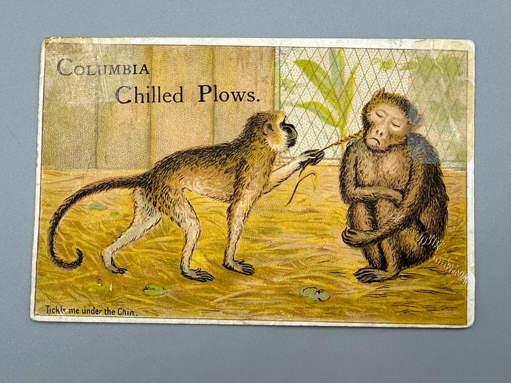 1880s COLUMBIA CHILLED PLOW Monkey FARM Advertise Trade Card COPAKE IRON WORK NY