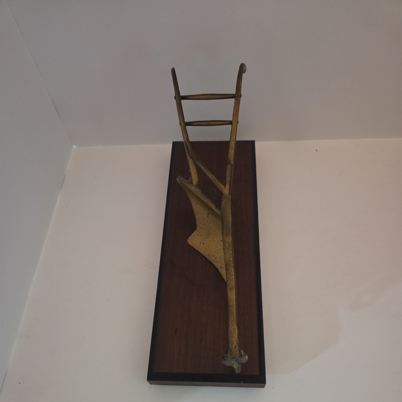 Vintage Brass Plow On Wooden Stand 10 Inches