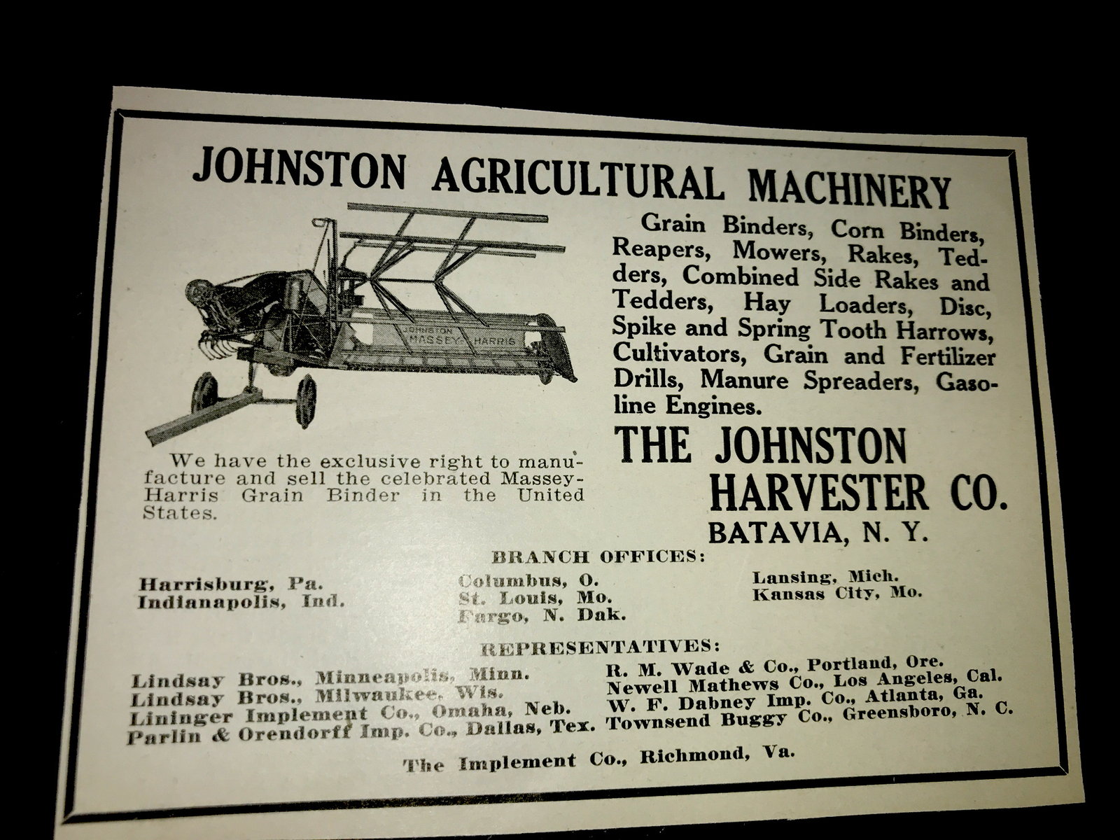 1916 Johnston Harvester Co. Farm Advertising – Batavia – New York
