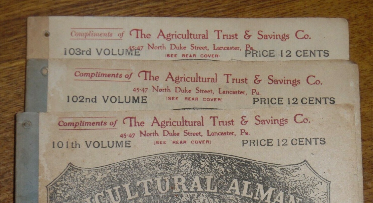 3 Old Agricultural Almanacs – John Baer&rsquo;s Sons Lancaster PA – Vol. 101 102 103