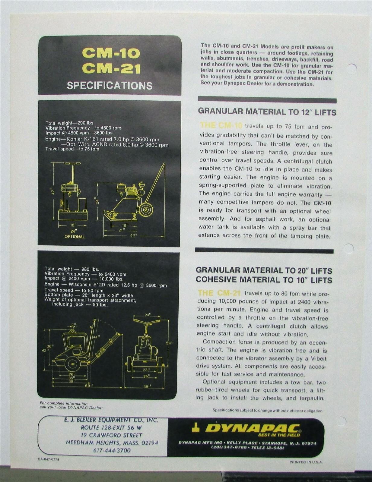1975 Dynapac Walk Behind Tampers CM 10 21 Specs Construction Sales Data Sheet
