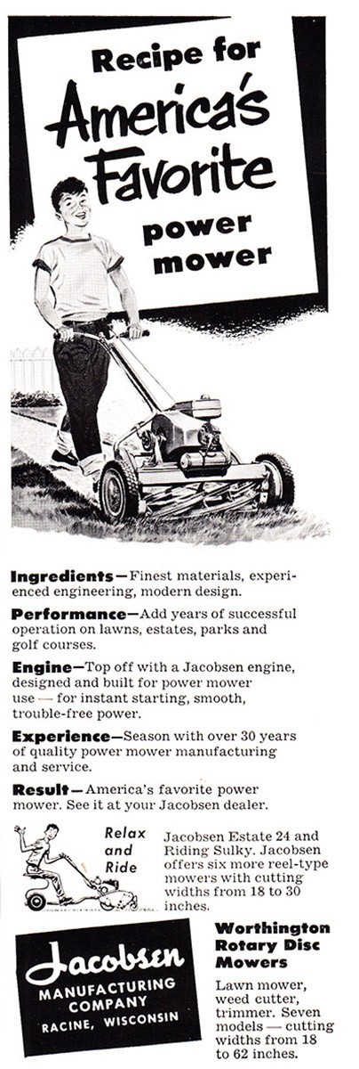 1952 Jacobsen Power Mower: Recipe for Americas Favorite Vintage Print Ad