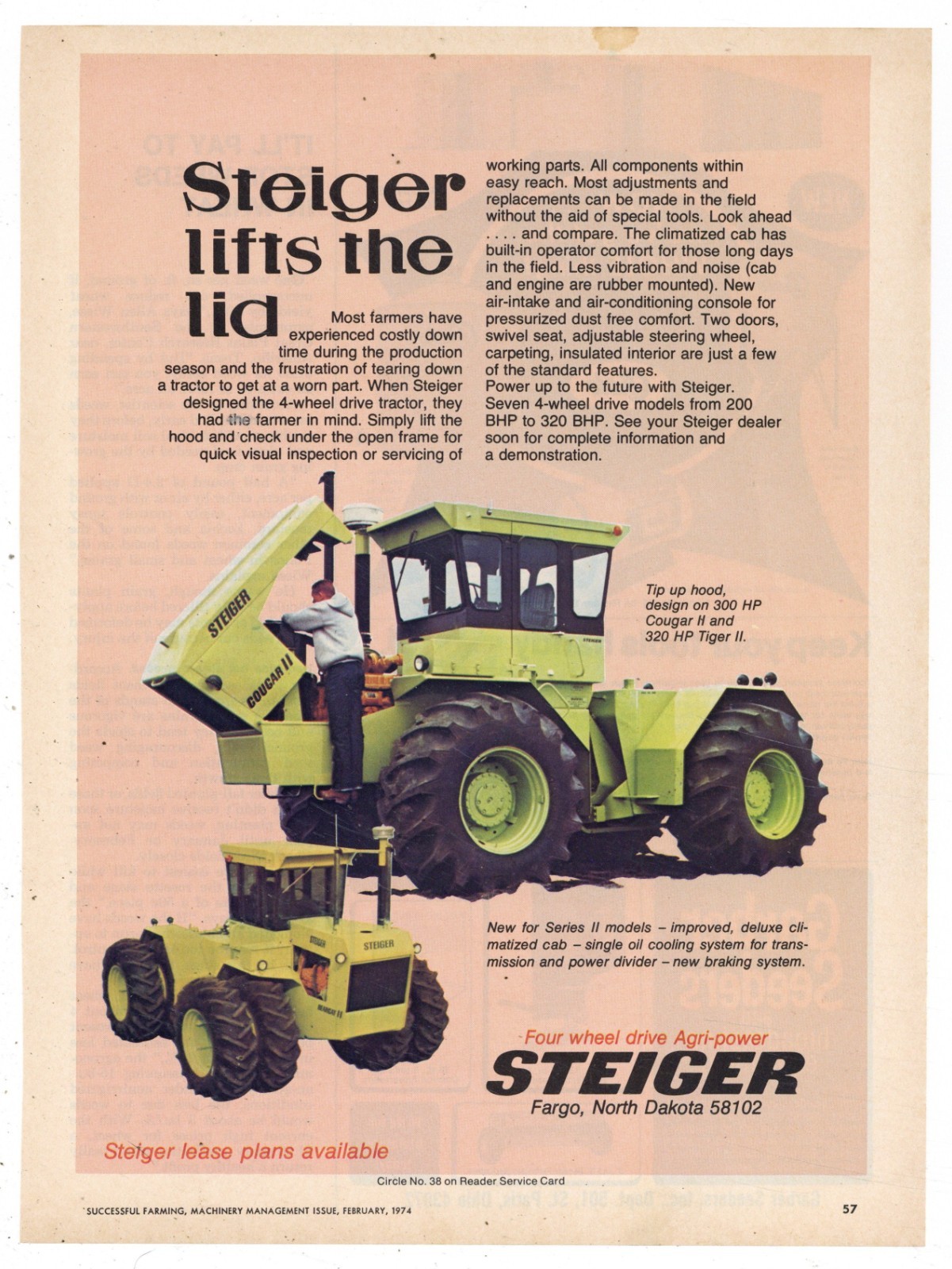 1974 Steiger Tractors of Fargo North Dakota Ad: Cougar II & Tiger Series II Pics