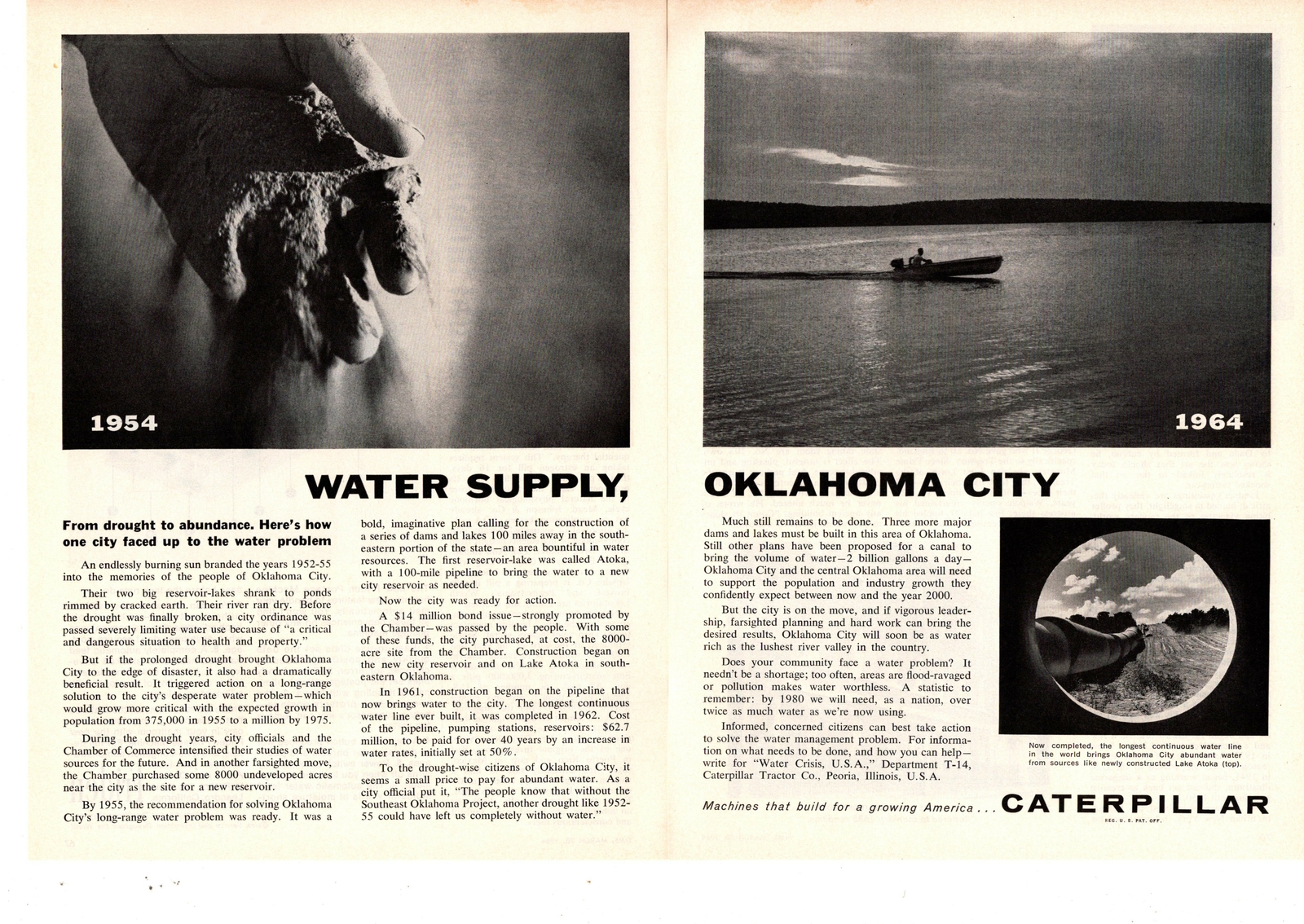 1964 Water Supply Oklahoma City Caterpillar Tractor Peoria IL 2-Page Print Ad