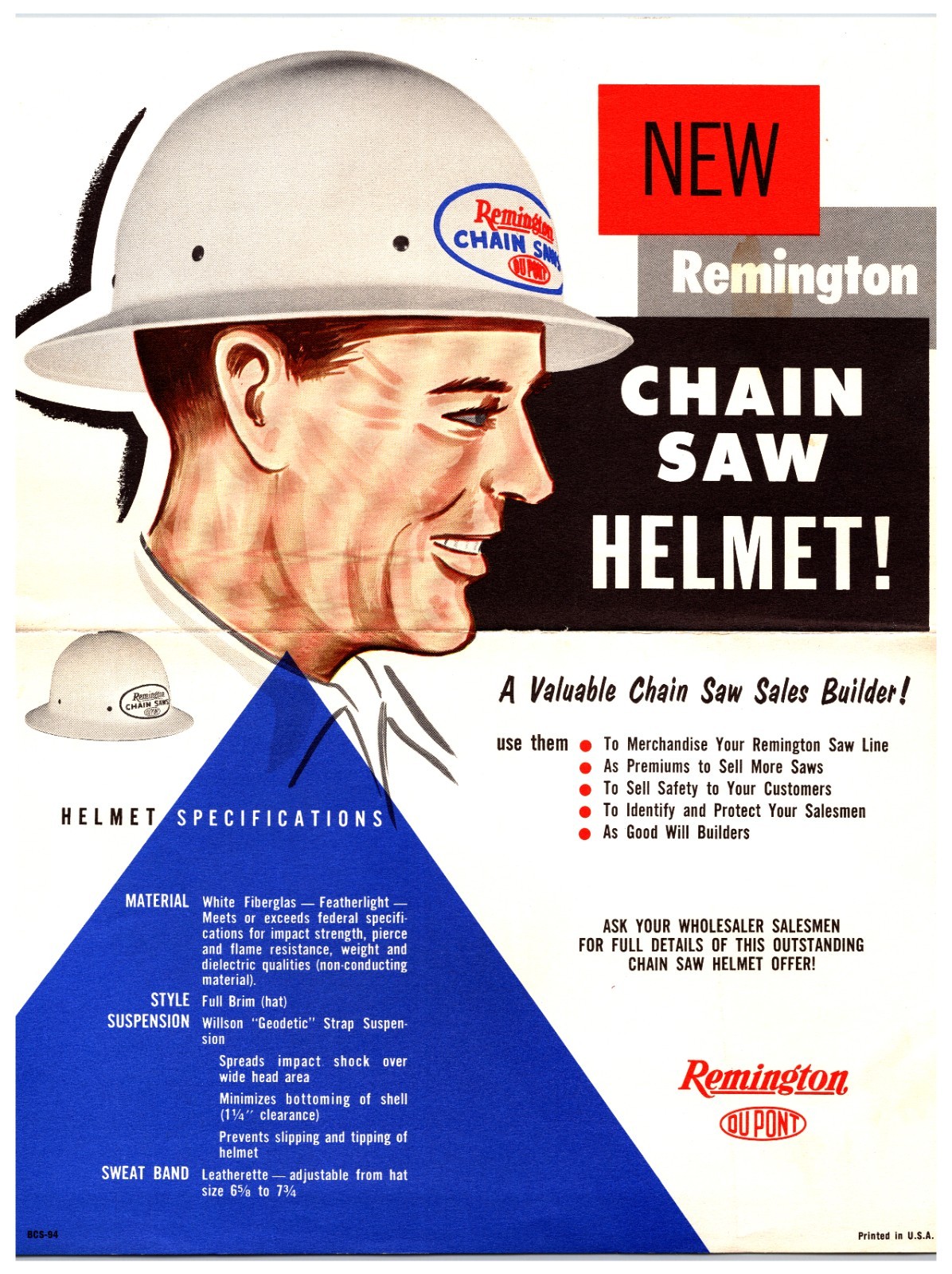Original 1960s Remington Chainsaws Helmet Hard Hat Sales Brochure Ad Sheet
