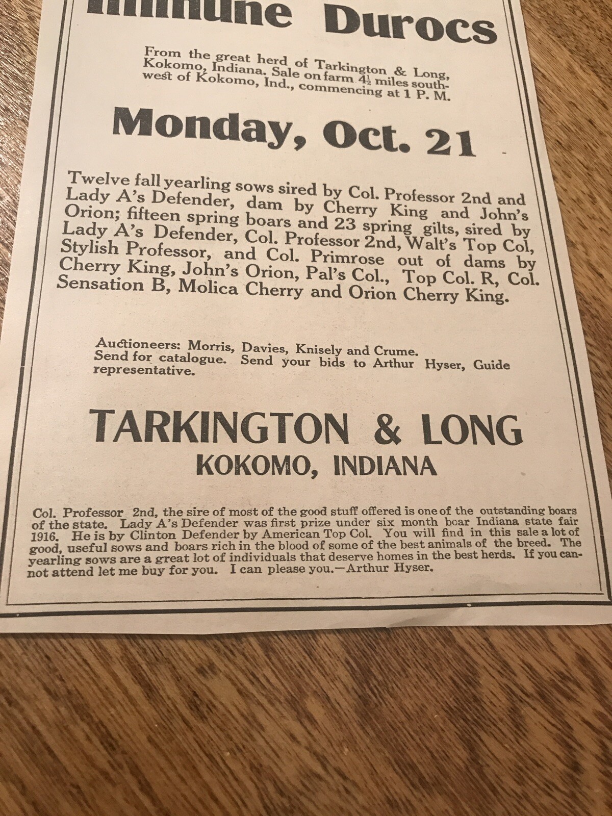 ORIGINAL 1918 Sow Public Sale – Kokomo- Indiana – Farm Advertising – Hog Pig