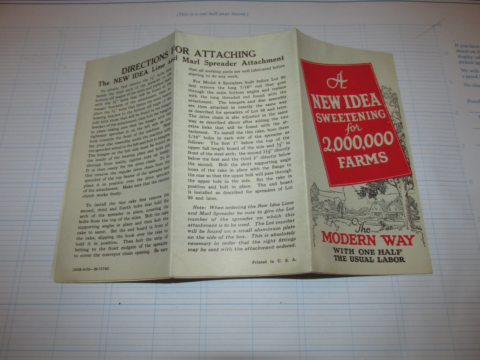 1929 NEW IDEA LIME & MARL SPREADER, PAMPHLET, COLDWATER, OH
