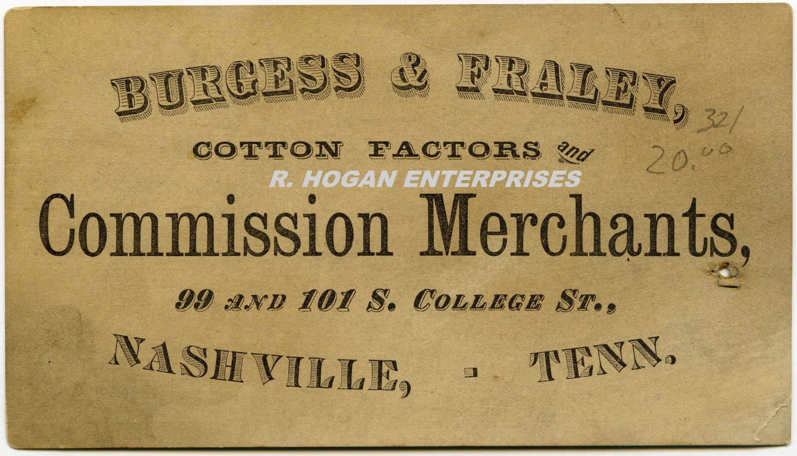 Vintage 1879 BURGESS & FRALEY COTTON MERCHANTS NASHVILLE TENNESSEE AD CARD P1R