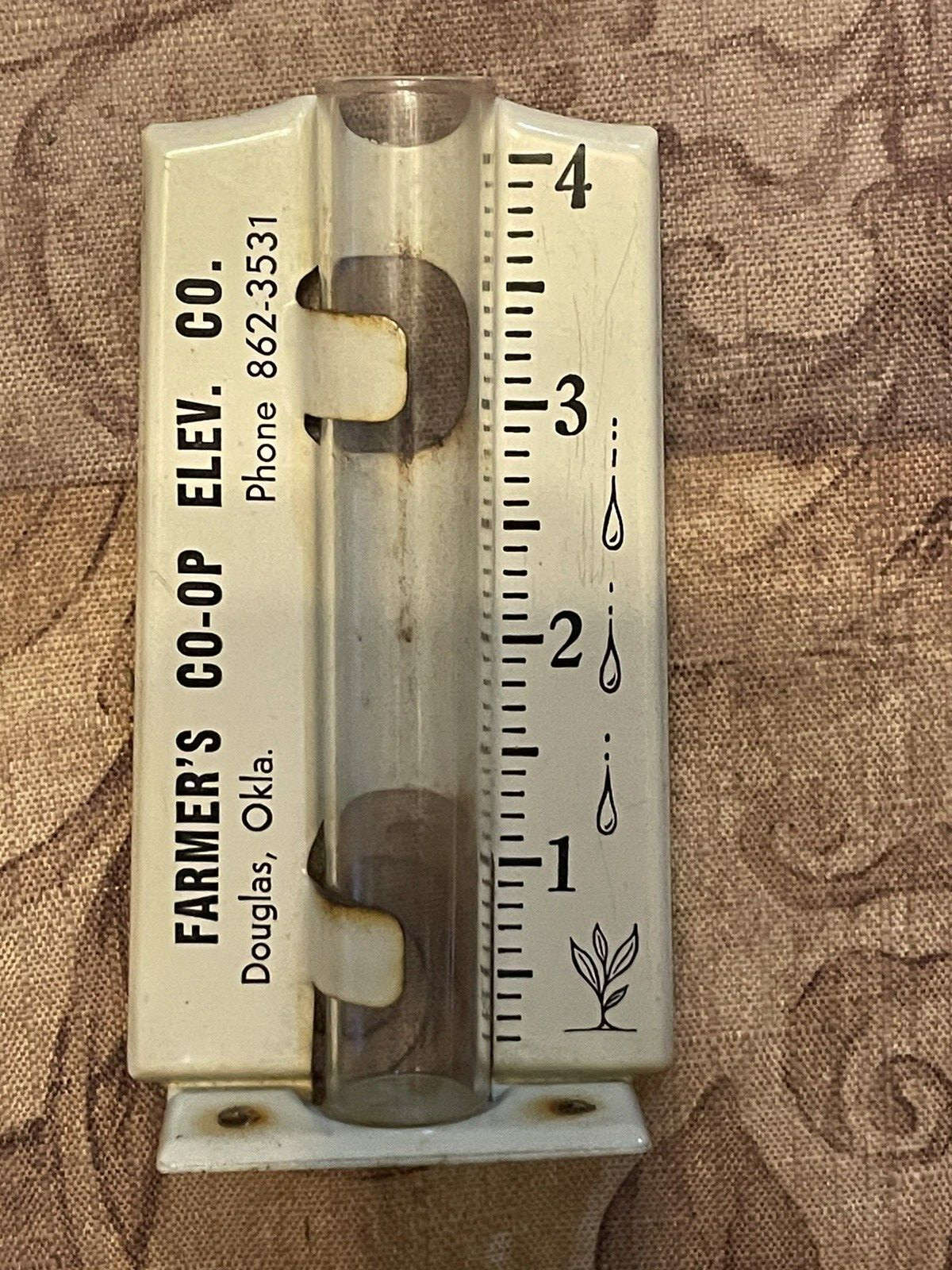 Vintage Rain Gauge Glass Tube Metal Stand FARMER&rsquo;S CO-OP ELEV. CO Douglas Okla