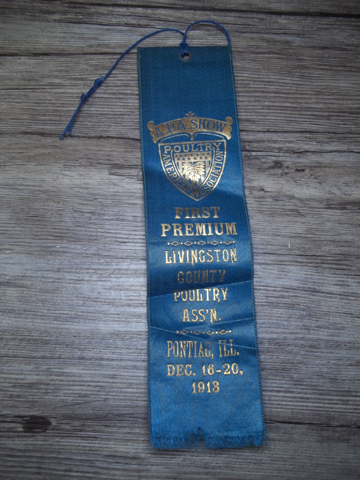 premium 1st place poultry ribbon Pontiac Il. 1918 A.P.A. show Z29