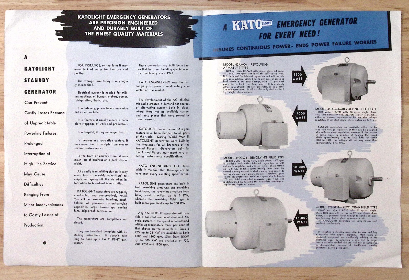 1950s Katolight Emergency Belt Driven Generators Kato Engineering Co Brochure