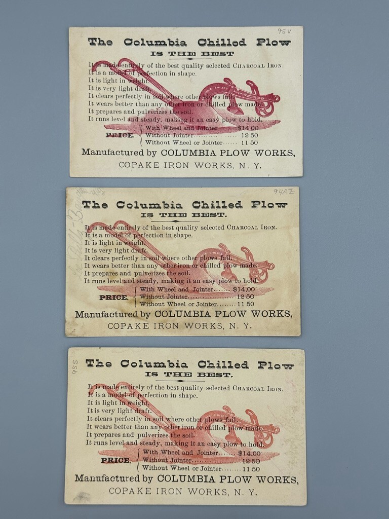 1880s COLUMBIA CHILLED PLOW Love Note FARM Advertising Trade Card COPAKE IRON NY