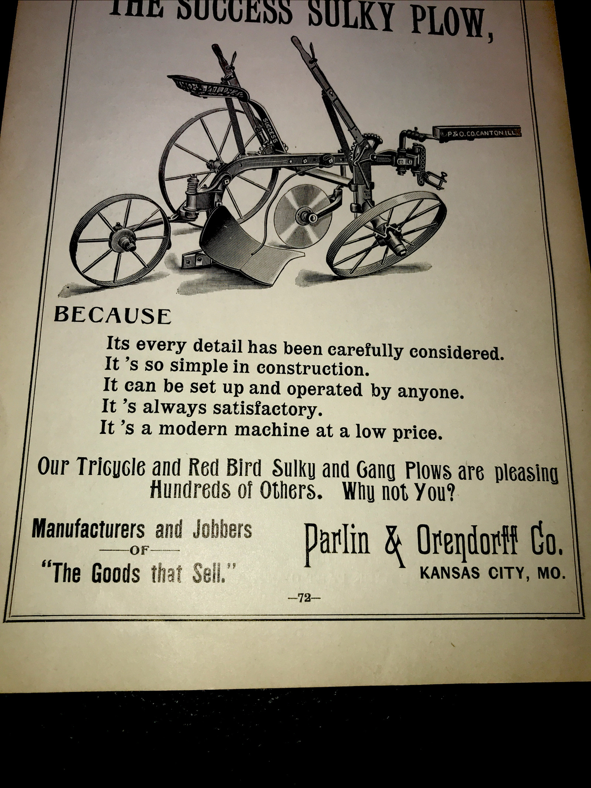 1898 P&O Success Plow Farm Advertising – Kansas City – Missouri