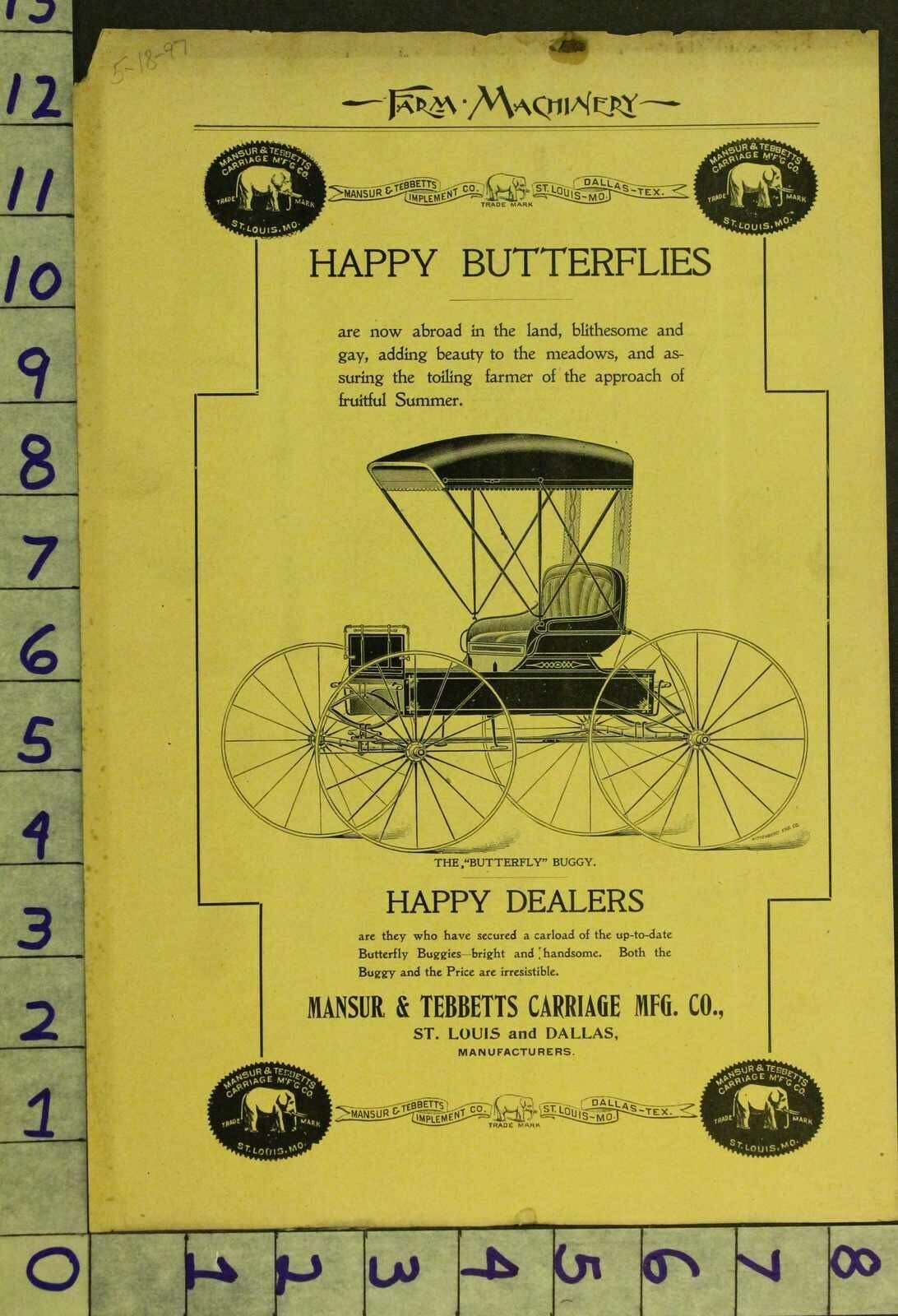 1897 AG FARM MANSUR CARRIAGE ST LOUIS DALLAS BUGGY BUTTERFLY VEHICLE AD RR40