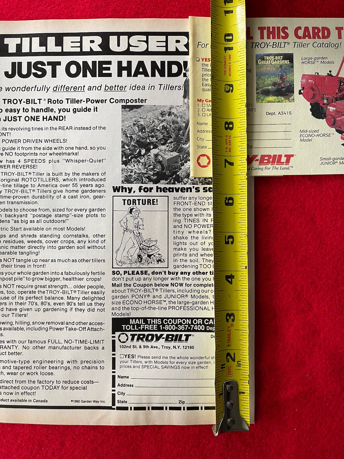Vintage 1992 Troy Bilt Roto Tiller Print Ad “Just One Hand”