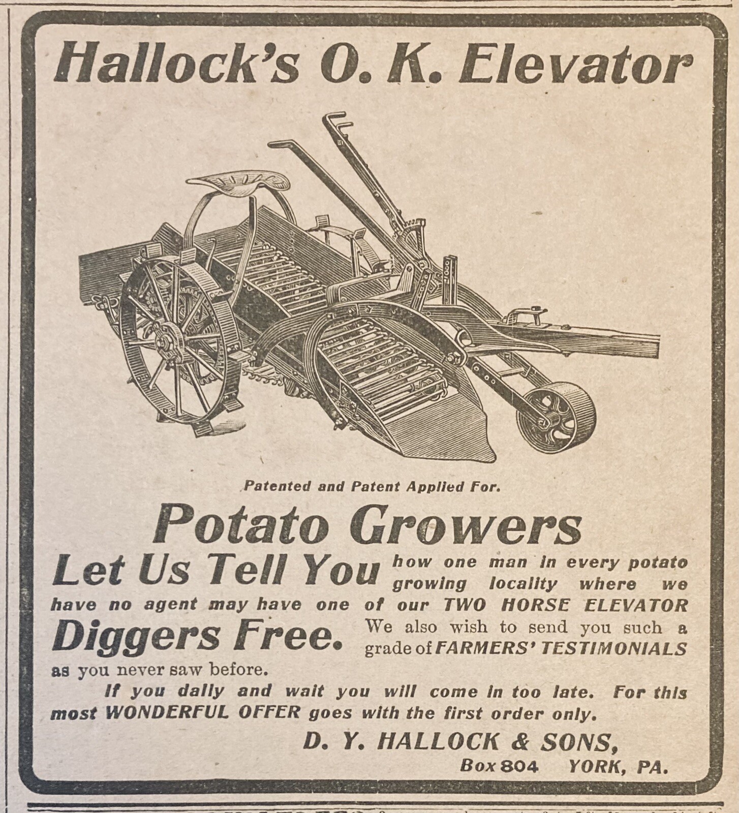 1906 AD(XH34)~D.Y. HALLOCK SONS, YORK, PA. HALLOCK’S O.K. ELEVATOR POTATO DIGGER