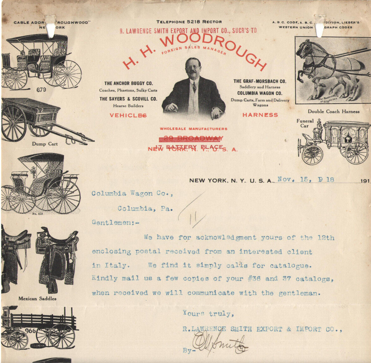 VTG 1919 IMPORT/EXPORT CO LETTERHEAD! FUNERAL CAR/MEXICAN SADDLE/COLUMBIAN WAGON