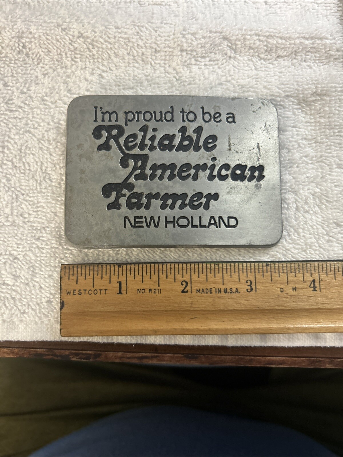 Vintage 1982 New Holland Reliable American Farmer Silver Tone Metal Belt Buckle