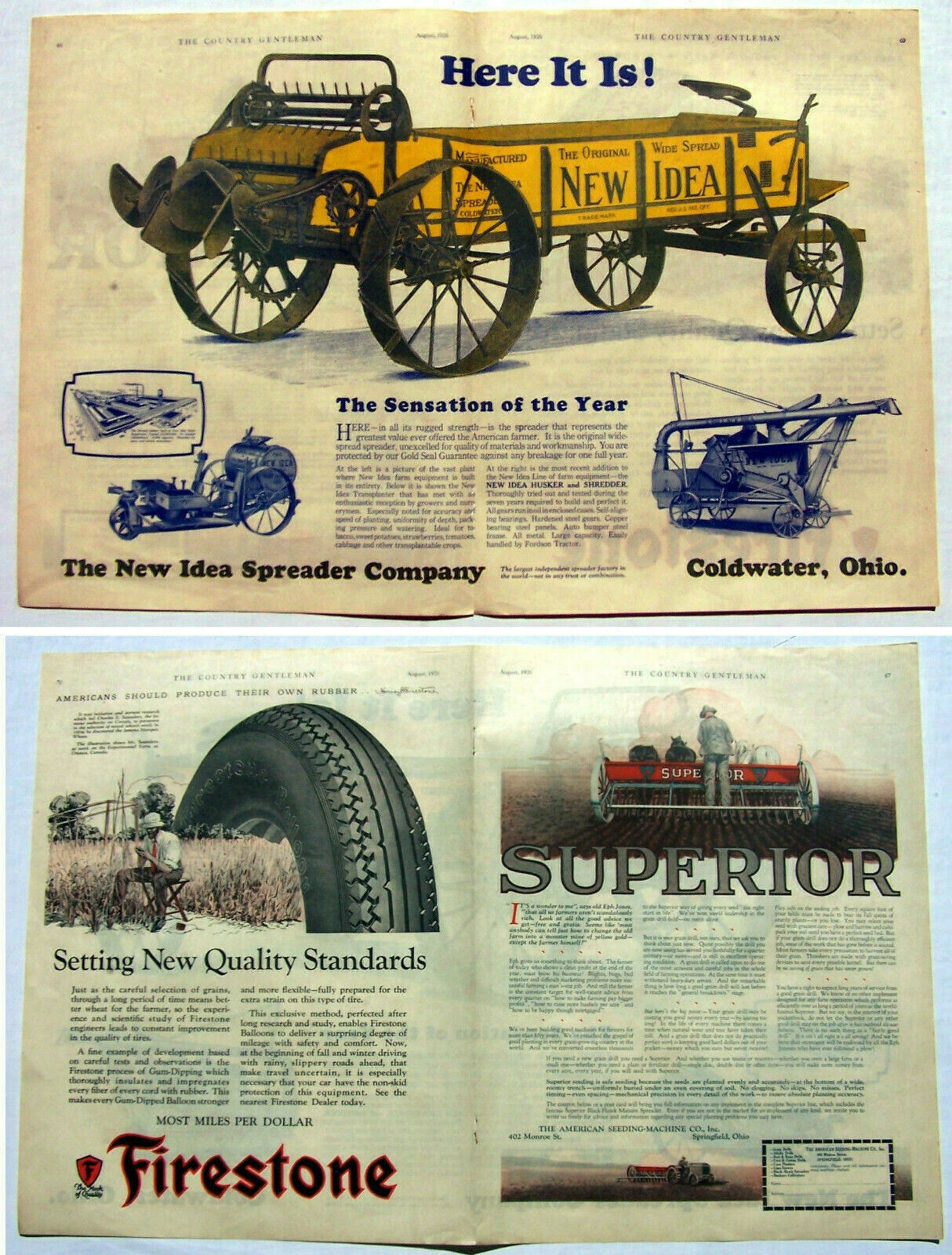 New Idea Spreader Company ad 1926 Sensation of the year 2 page ad Firestone