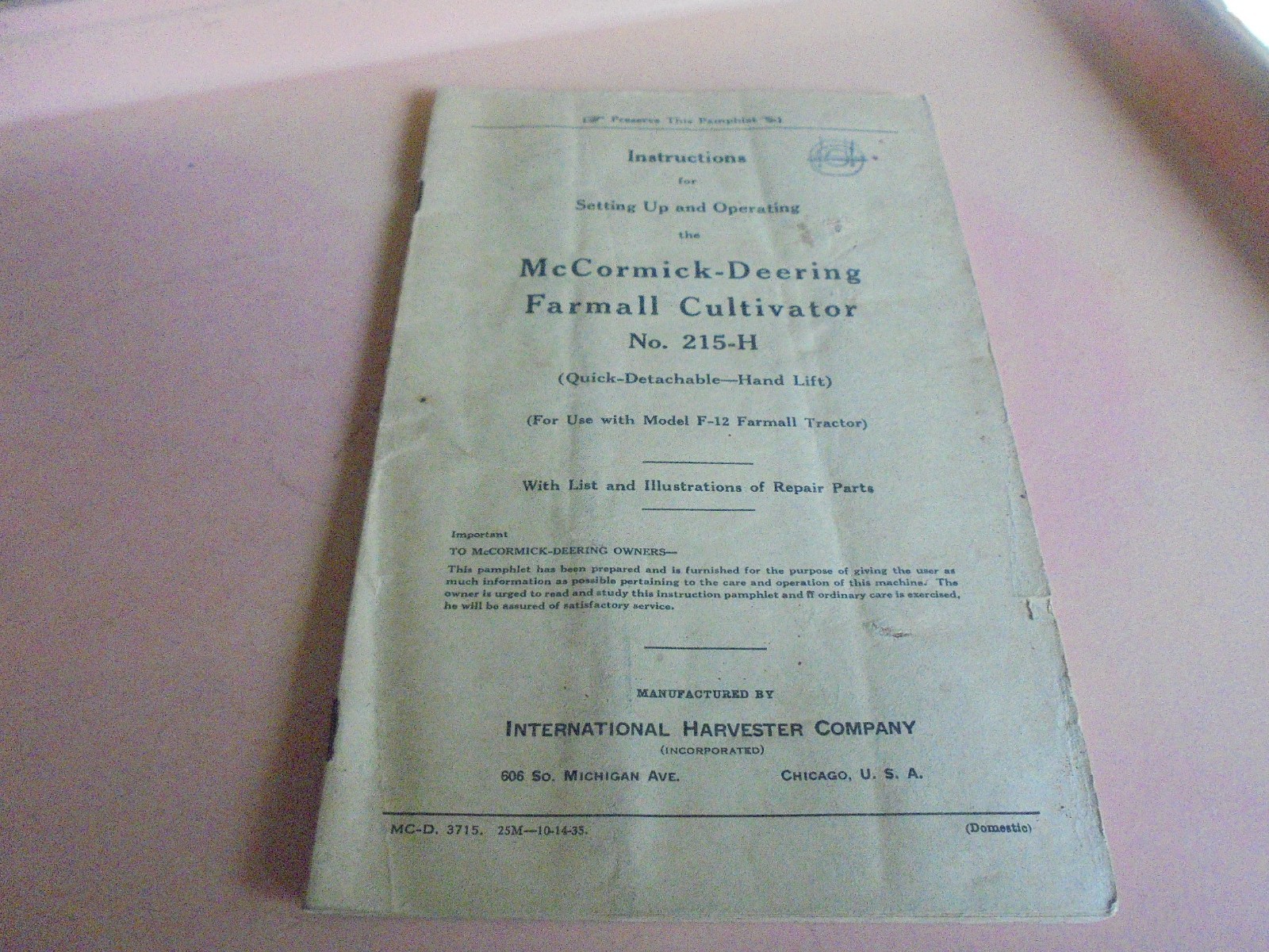Vintage 1948 Operating and Service Manual for Massey-Harris 22 and 22K tractors
