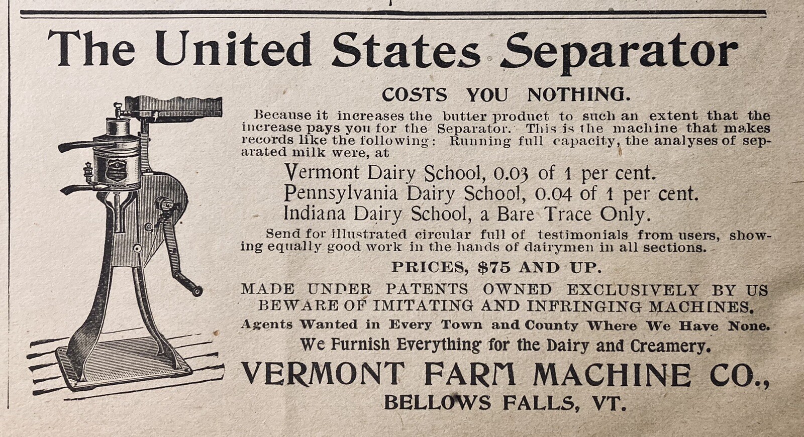 1895 AD.(XH58)~VERMONT FARM MACHINE CO. BELLOWS FALLS, VT. U.S. SEPARATOR