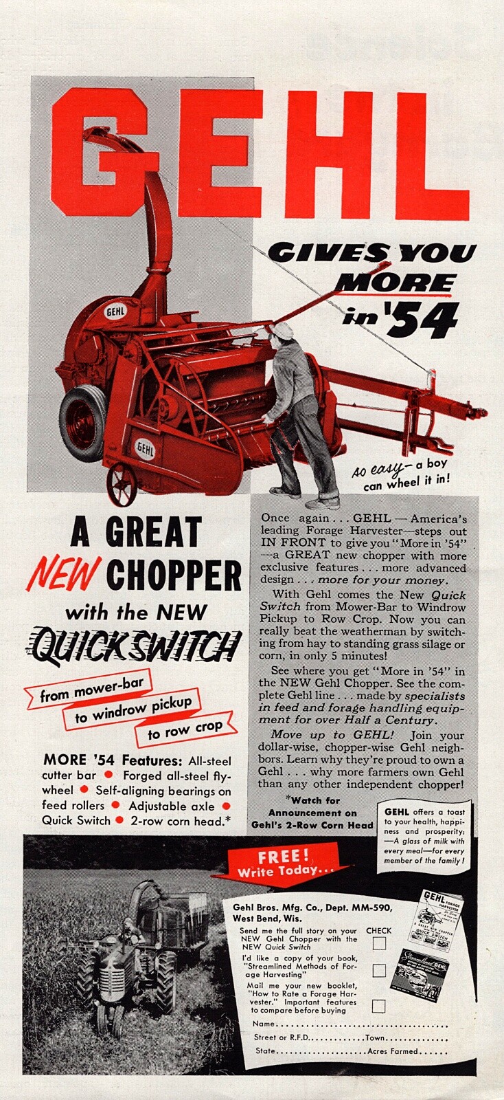 1954 Gehl Forage Harvester Chopper Tractor Implement Original Color Ad