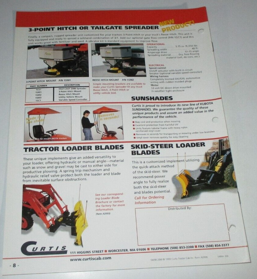 Curtis Tractor Cabs for Kubota B L M GF-1800 & F60 Series Sales Brochure 4/98