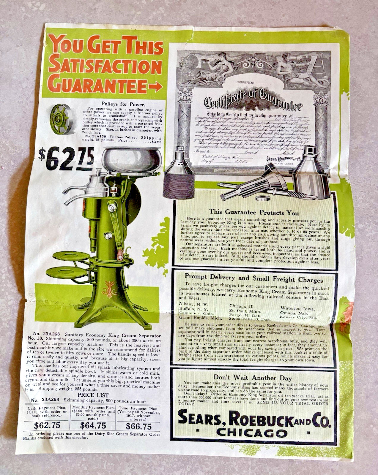 1917 Ad Brochure Sears Roebuck & Co. Economy King Cream Separators