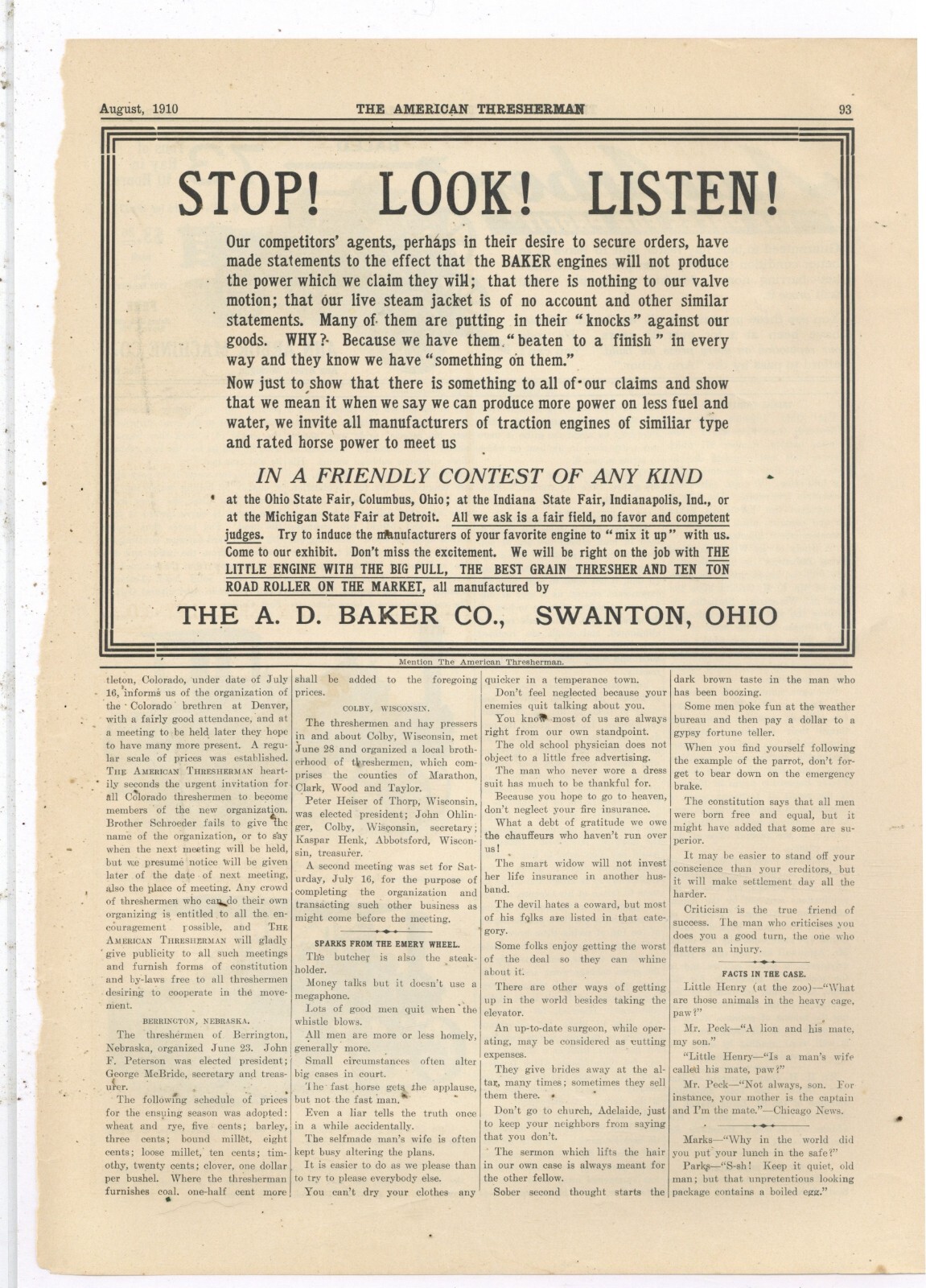 1910 A.D. Baker Co. of Swanton, OhiO Ad: Stop! Look! Listen! Ten Ton Road Roller