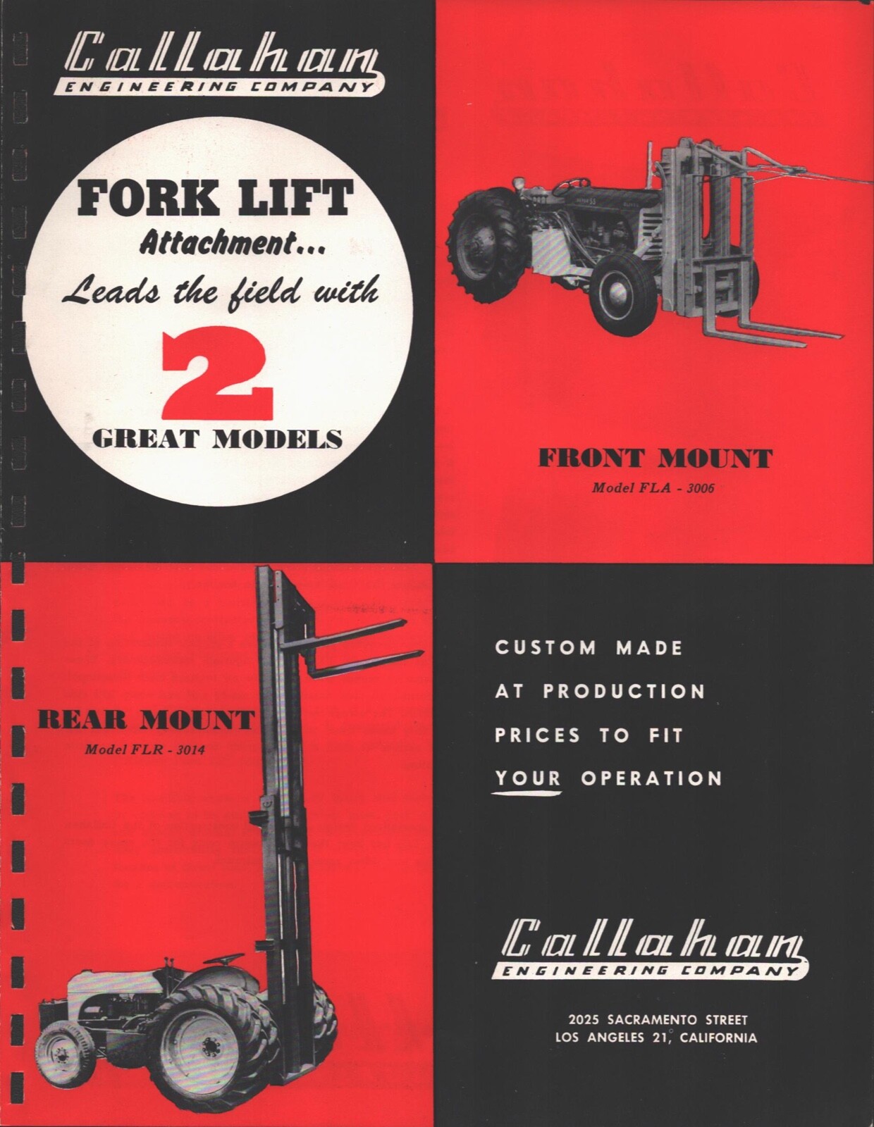 1958 CALLAHAN FORKLIFT ATTACHMENT vintage advertising sales flyer LOS ANGELES