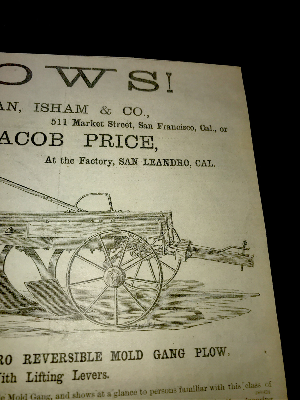 1883 San Leandro Gang Plow Farm Advertising – San Francisco – California 7×9