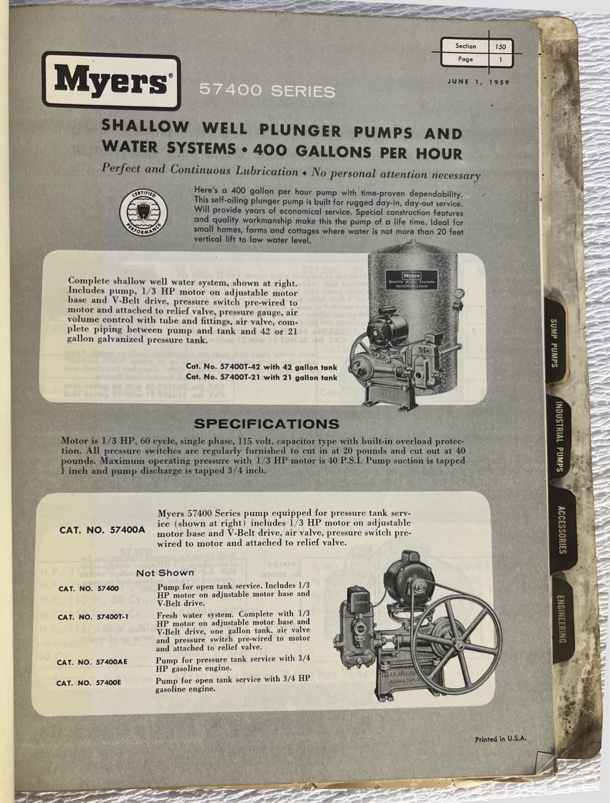 Myers Pumps 1950 60s Vtg Info Catalogs Manuals Specs Olympian Explorer Defender