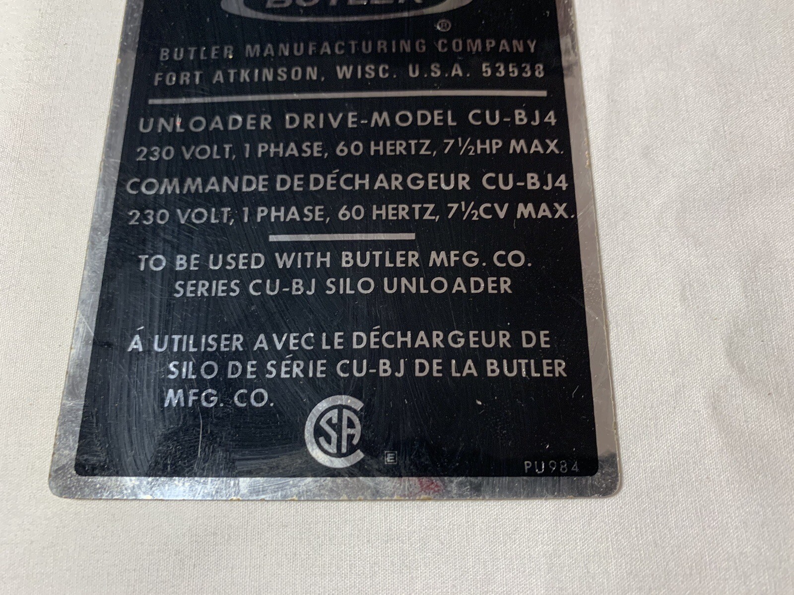 Data Specs Decal Sticker Butler Manufacturing Silo Unloader Fort Atkinson Farm