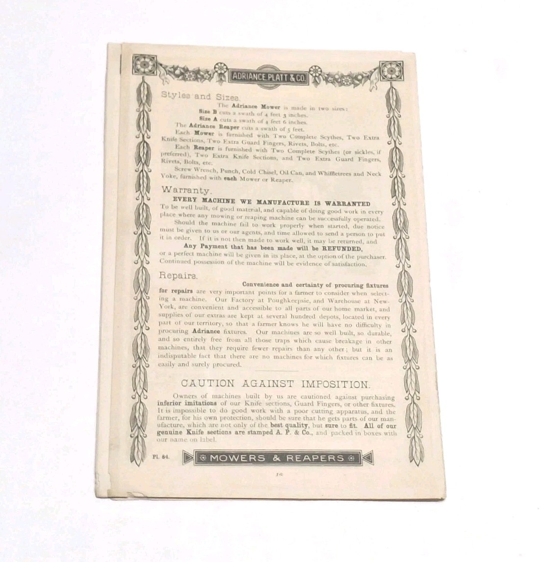 Adriance Platt & Co Harvesting Machinery Farm Book Catalogs Poughkeepsie NY 1900