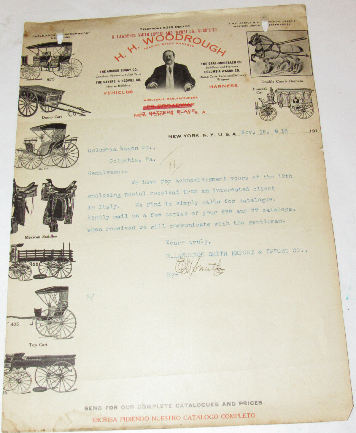VTG 1919 IMPORT/EXPORT CO LETTERHEAD! FUNERAL CAR/MEXICAN SADDLE/COLUMBIAN WAGON