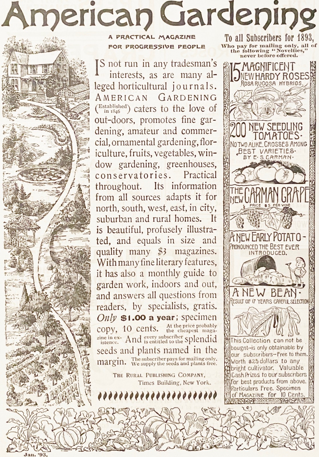 AMERICAN GARDENING Rural Publishing Co Magazine Subscription Offer1893 Print Ads