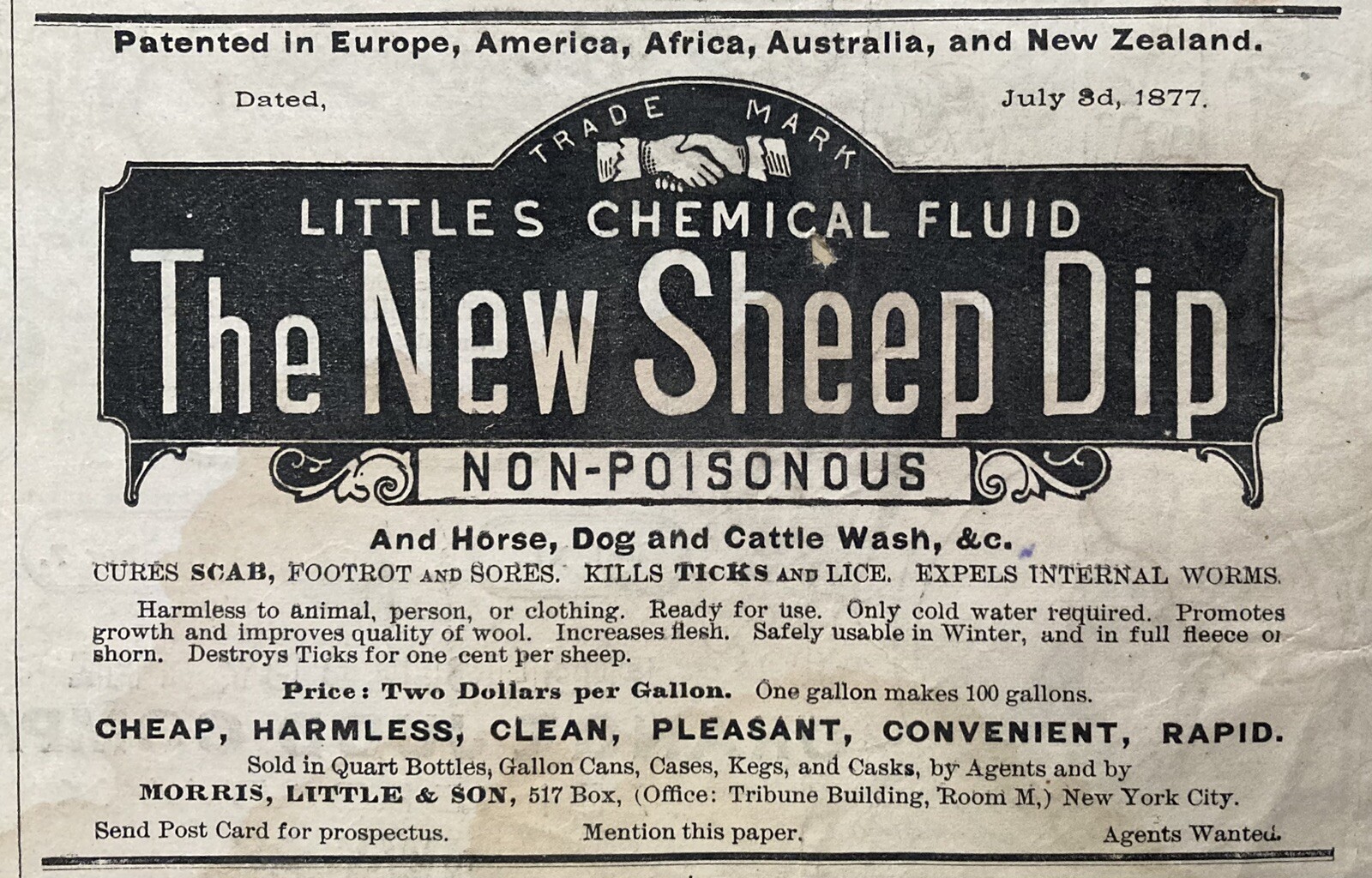 1881 AD.(XH76)~MORRIS, LITTLE SON CO. NYC. LITTLES CHEMICAL FLUID SHEEP DIP