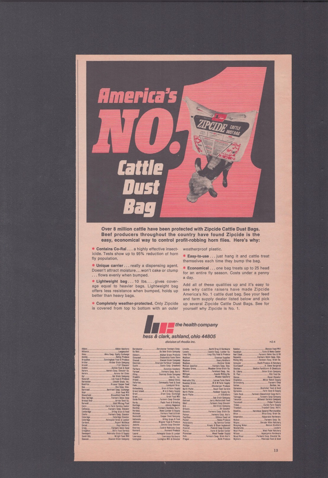 1972 Print Ad The Health Company Hess & Clark Ashland OH Cattle Dust Bag