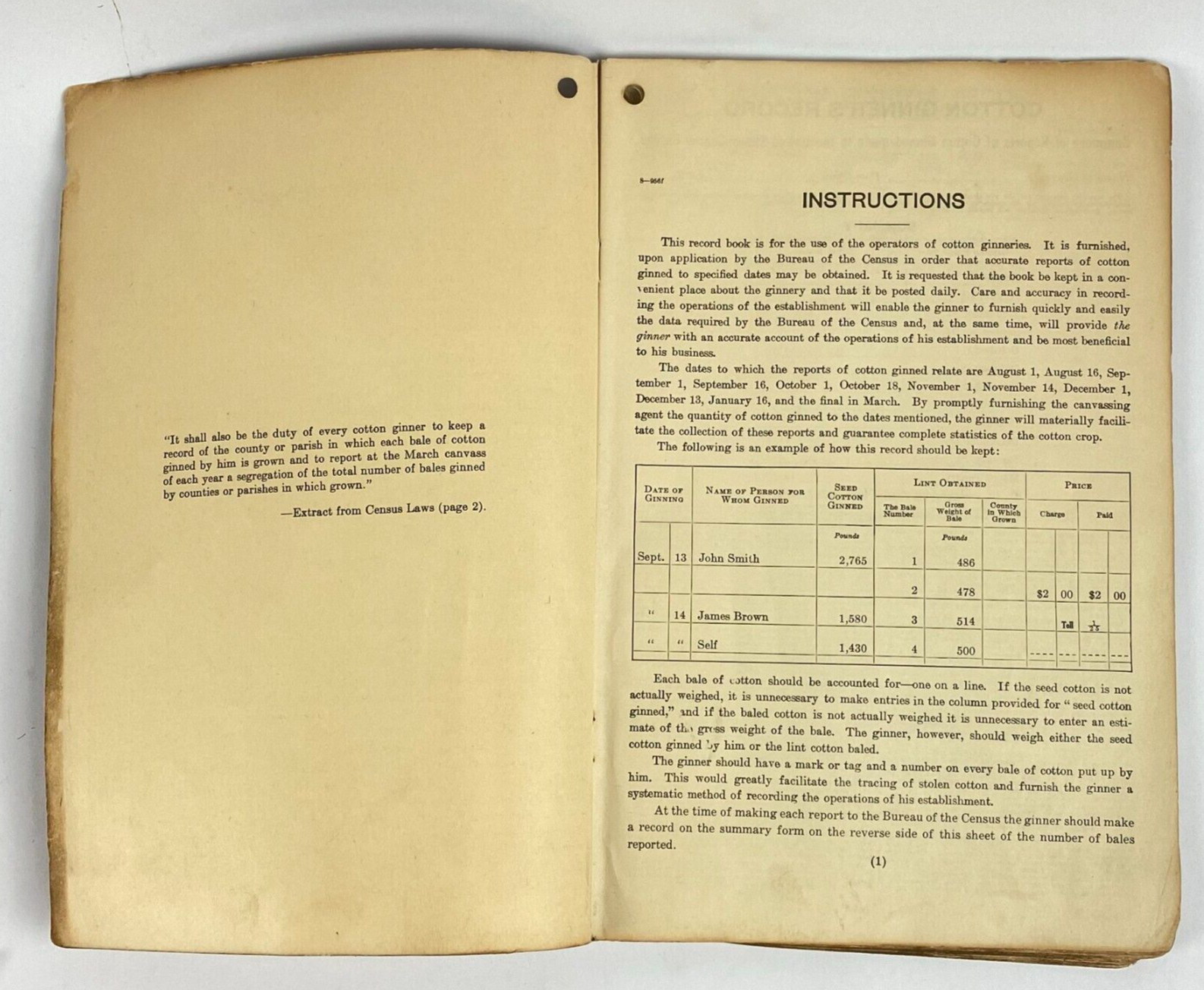 1950&rsquo;s Dept of Commerce Cotton Ginner&rsquo;s Record Book Filled Out Vintage