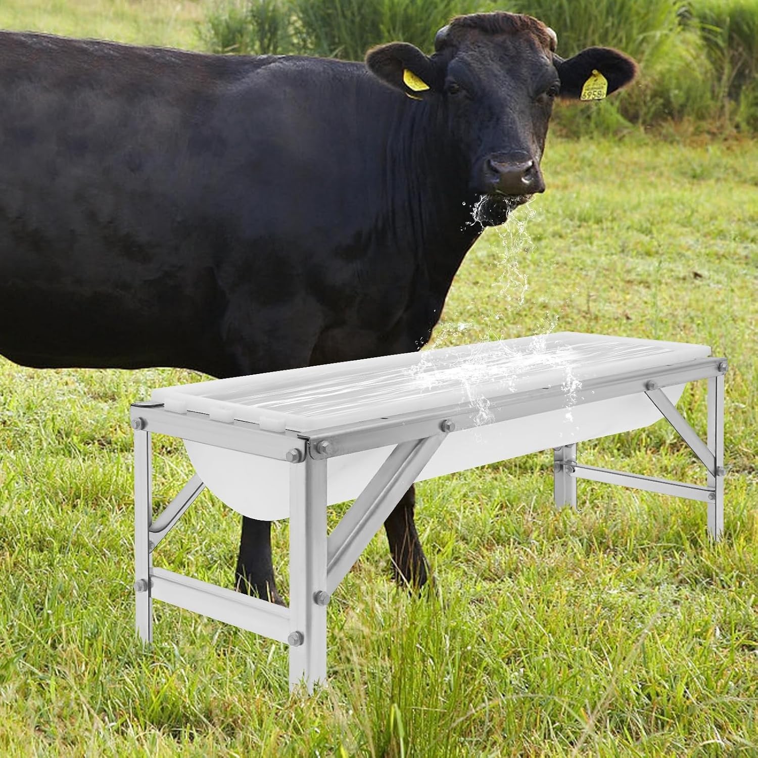 Livestock Feed Trough 9.25Gal Long Large Capacity Feeder with Stand for Goat