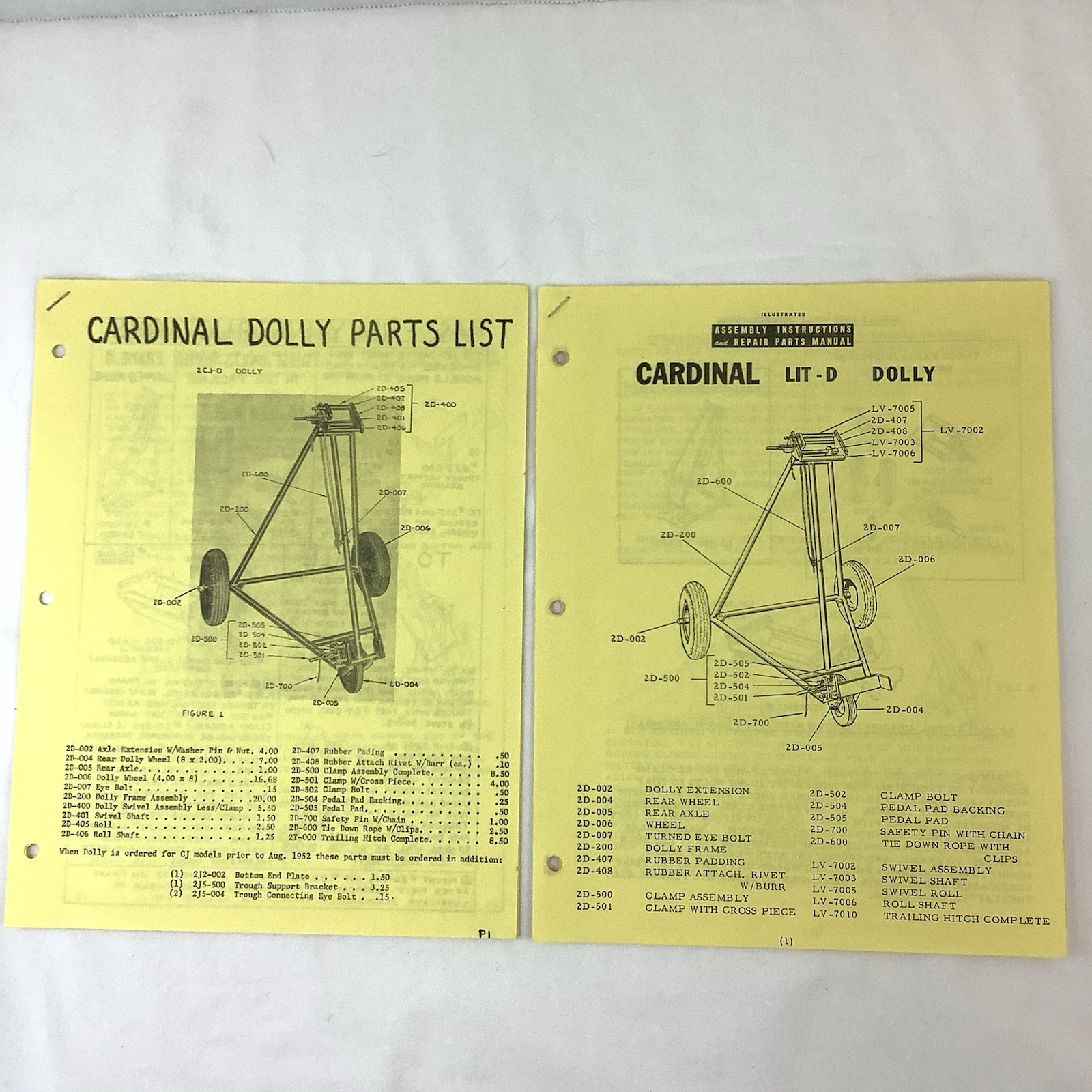 Cardinal Manufacturing Indiana 1955 Brochures Assembly Instructions Parts Lists