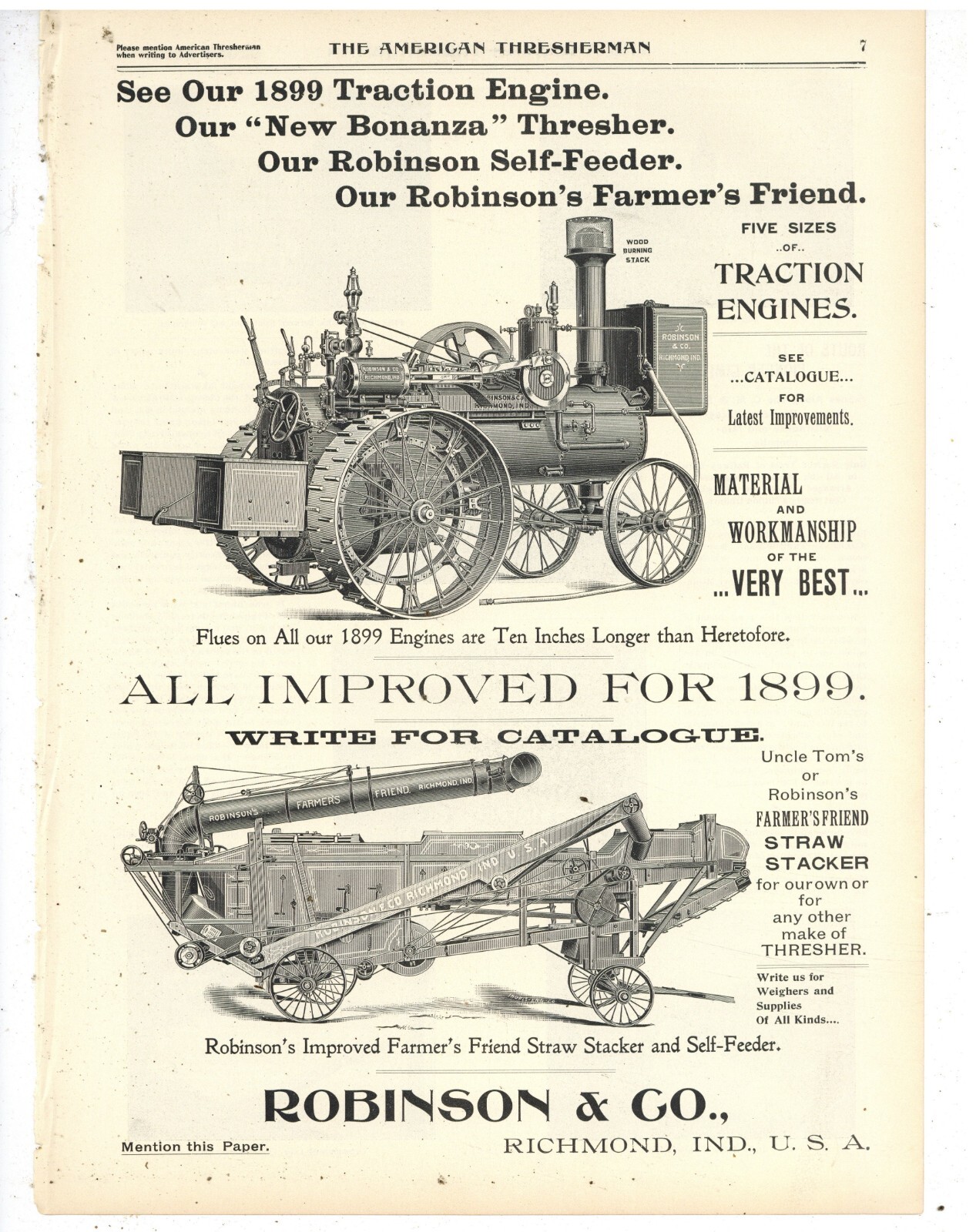 1899 Robinson & Co. Ad: Traction Engine, New Bonanza Thresher Richmond, Indiana