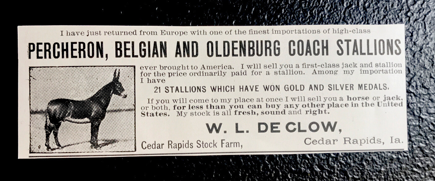 1903 W.L. De Clow Horse Advertising – Cedar Rapids – Iowa – Farm