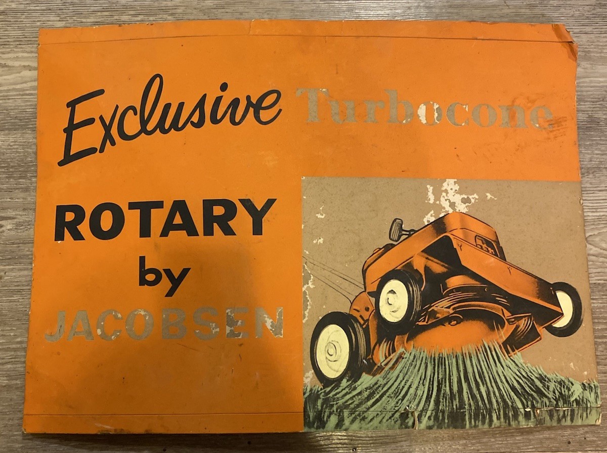 Vintage Jacobsen Mower Turbocone Rotary Advertising Sign Orange Black 24&Prime; x 17&Prime;