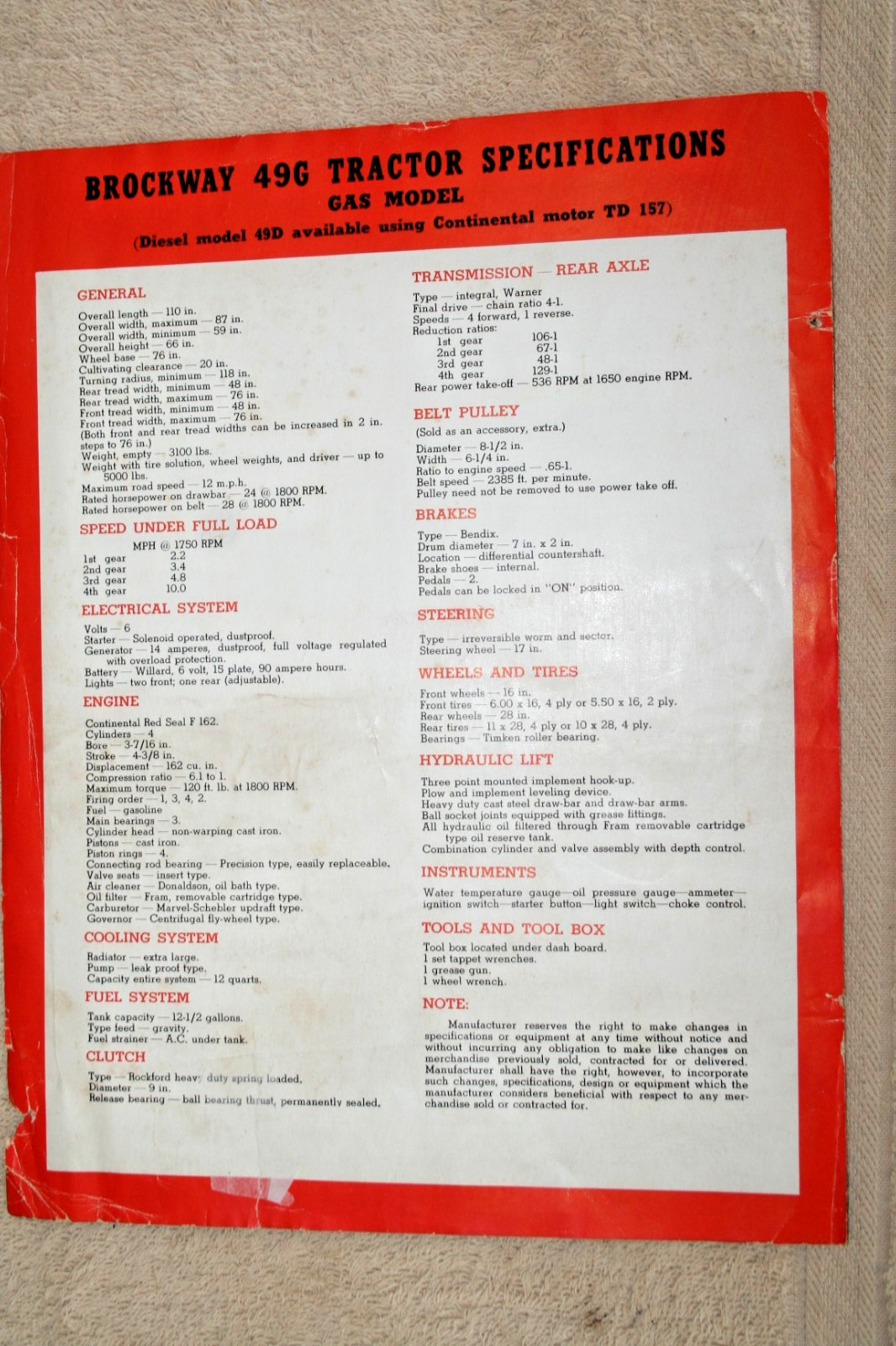 BROCKWAY TRACTOR SALE PAMPLET 1949