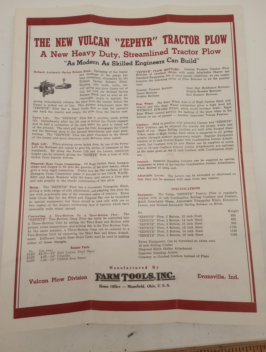 Vtg 1939 Vulcan Zephyr Tractor Plow Fold Out Color Poster Brochure Mansfield Oh