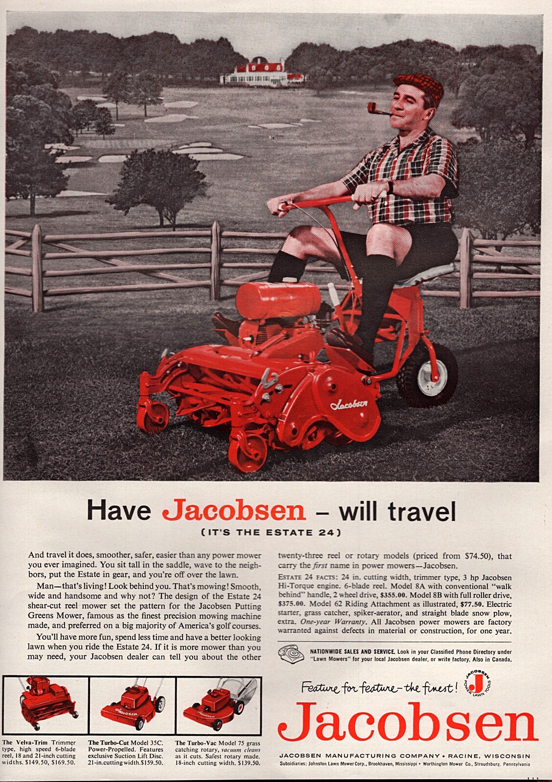 1957 Jacobsen Estate 24 Riding Mower Original Color Ad