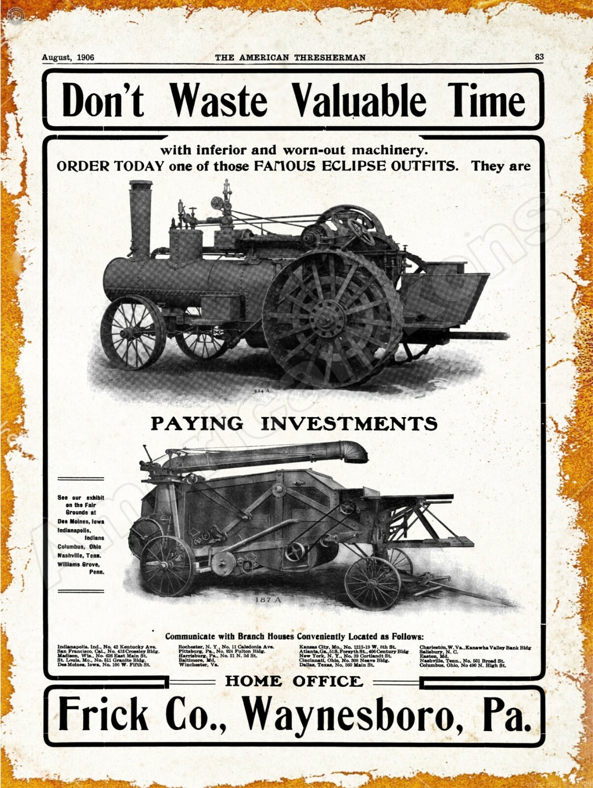 1906 Frick Ecliplse Engine Rig New Metal Sign: Waynesboro, Pennsylvania
