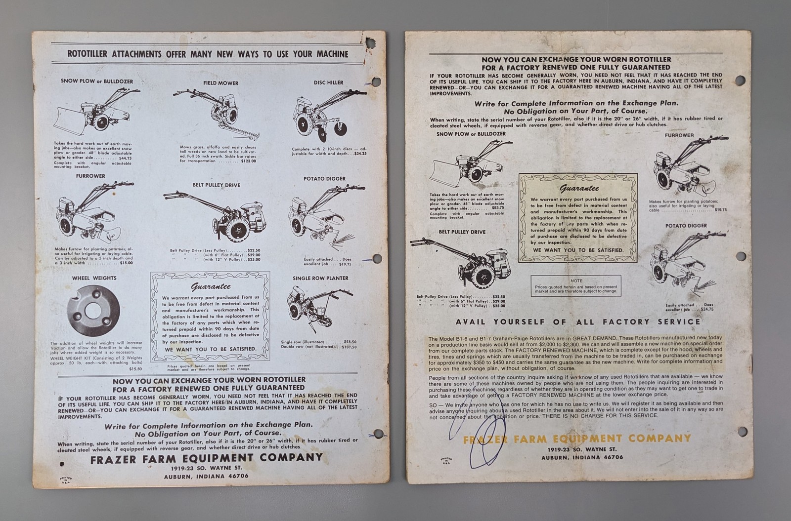 (2) Frazer Rototiller Factory Parts + Price Catalogs 1970 1977