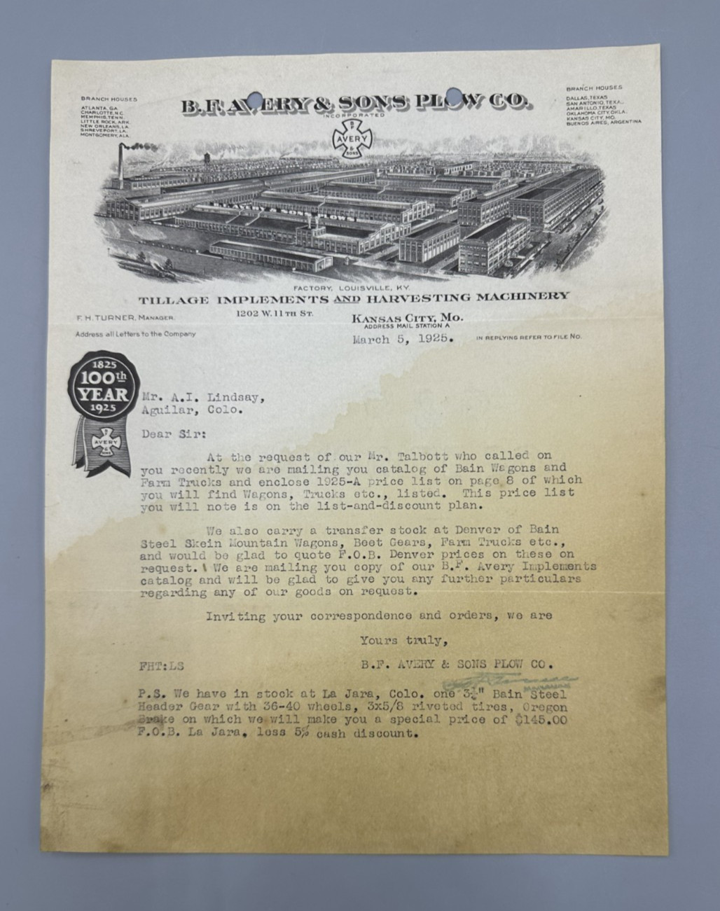 1925 B F AVERY PLOW Letter FARM Advertising KANSAS CITY MO Antique BAIN WAGONS